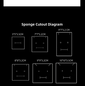 Detailed technical diagram of sponge insert cut-outs for various jewelry box sizes