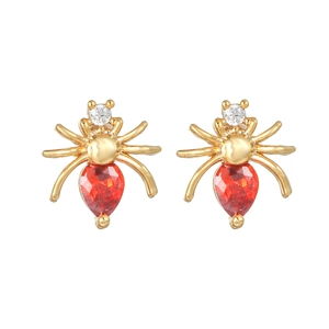 Pendientes de araña dorados artísticos con piedra roja y acabado chapado en 18K