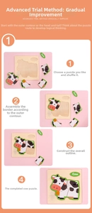 Four-step tutorial showing how to assemble a 3D wooden cow puzzle for toddler learning