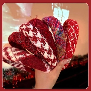 Set of six red tweed headbands in vintage styles including houndstooth and plaid