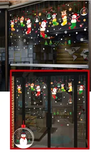 Detail of Christmas window stickers featuring Santa, snowmen, and festive reindeer decals
