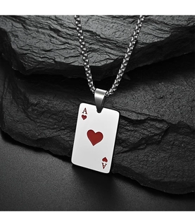 Detail of Ace of Hearts poker pendant with silver finish on a bead chain necklace