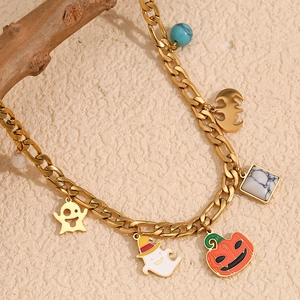 Halloween Ghost Pumpkin Bat Necklace Women 18K Gold Plated Stainless Steel Figaro Chain Artificial Pearl Turquoise Marble Stone