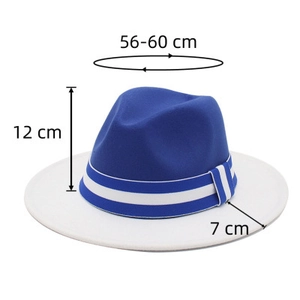 Detail view of bicolor fedora with 7cm wide brim and 56-60cm size measurements