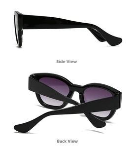 Detail view of oval marble pattern sunglasses showing side profile and back frame structure