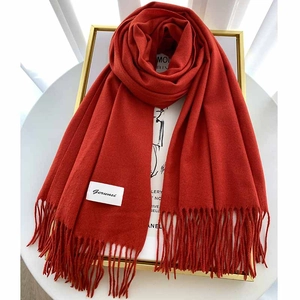 Detail of solid orange cashmere scarf with tassel edges and Gerunsi brand label