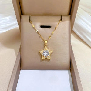 Elegant gold titanium steel necklace with star pendant and zircon stones in a gift box