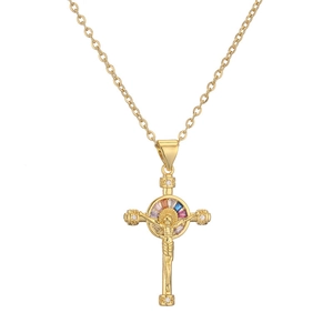 Gold-plated cross pendant necklace with colorful gemstones and small diamonds