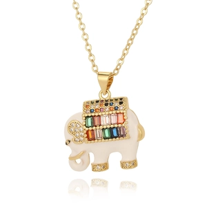 Detailed close-up of a gold elephant necklace with colorful zircon stones on white background