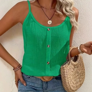 Women's green casual tank top with textured fabric and decorative wood buttons