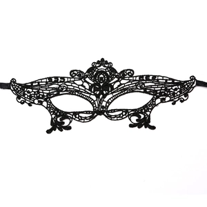 Elegant black lace masquerade eye mask with intricate floral patterns on white background