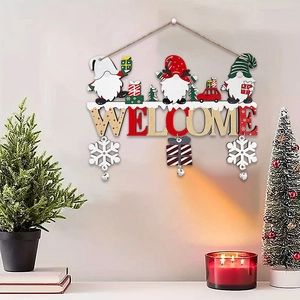 Wooden Christmas Welcome Sign featuring three gnomes and bells for holiday door decor