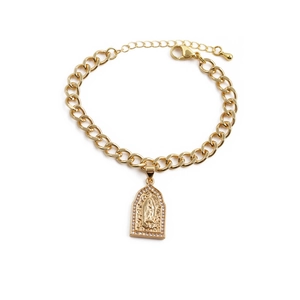 Gold-plated adjustable chain bracelet with Guadalupe pendant and white zircon accents
