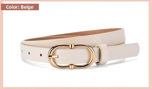 Detailed view of beige faux snakeskin belt with elegant gold double-ring oval buckle