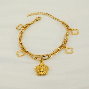 Double-layered 18K gold plated stainless steel bracelet with camellia and floral pendants