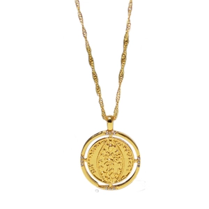 Vintage gold coin pendant necklace with embossed double-sided relief and twisted chain