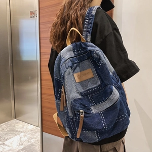 Vintage Denim Patchwork Backpack Large Capacity Contrast Stitching Waterproof School Bag Retro Streetwear Unisex