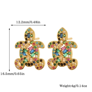 Detailed view of colorful zircon turtle earrings with dimensions 12.2mm and weight 4g