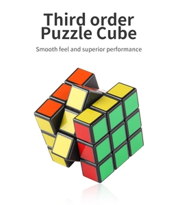 Detail of 3x3 smooth speed puzzle cube with colorful glossy tiles and stable black base