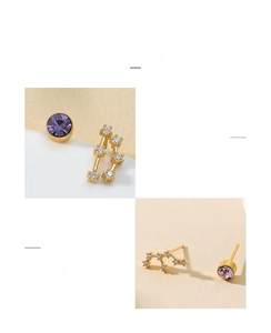 Macro shot of asymmetric gold-tone studs with purple faceted zircon and pave-set crystals