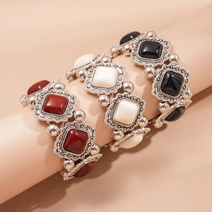 Retro geometric acrylic elastic bracelets with silver alloy base in three colors