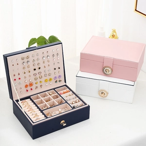 Dual-layer leather jewelry box organizer for rings and earrings in multiple colors