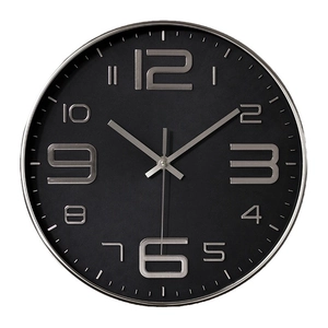 10-inch minimalist round wall clock with 3D silver numerals on a matte black dial