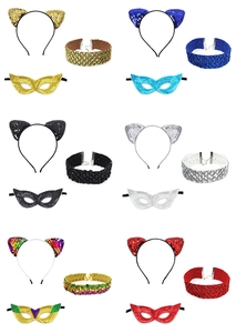 Three-piece masquerade cat ears headband, sequin choker, and lace mask set in six colors
