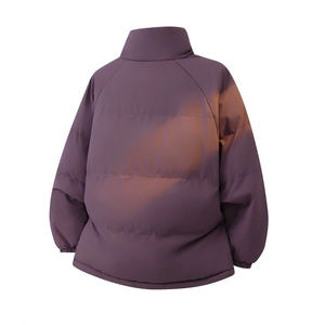 Back view of a purple puffer jacket featuring stand collar and elastic cuffs for winter warmth