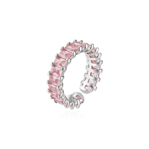 Pink heart-themed silver open ring with rectangular zircon stones in 925 sterling silver