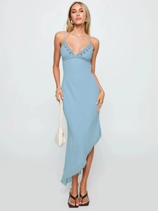 Light Blue Sling Maxi Dress Polyester V Neck Embroidery Asymmetrical Hem Slim Fit Sexy Sleeveless Long Dress Women