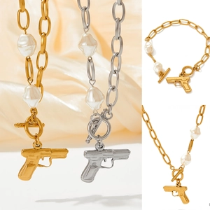 Pistol Pendant Necklace And Bracelet Stainless Steel Artificial Baroque Pearl OT Buckle Punk Streetwear Jewelry For Women