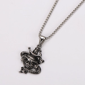 Detailed view of silver skull and snake pendant on a stainless steel box chain necklace