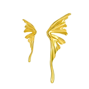 Asymmetric gold liquid butterfly wing earrings in polished minimalist metal design