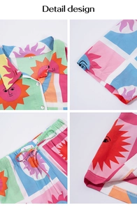 Detail design of colorful sun print shirt and drawstring shorts with stitching close-ups