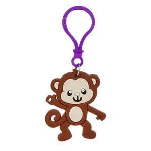 Close-up of cute brown monkey PVC keychain with a purple plastic hook on white background