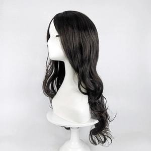 Side view of long wavy synthetic hair wig in dark brown on a white mannequin head