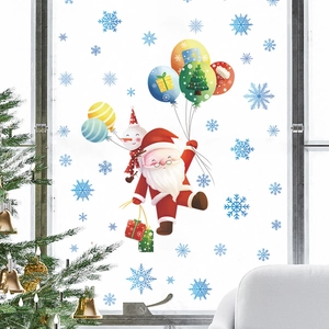 Christmas window stickers featuring Santa Claus and snowman with colorful balloons and snowflakes