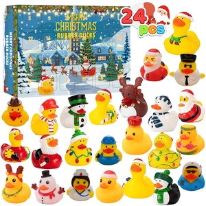Detail view of a 24-piece Christmas advent calendar box with various themed rubber ducks