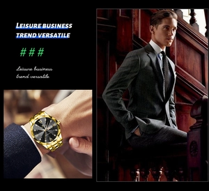 Detail of men's business watch with gold steel strap and dual calendar black roman dial