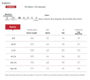 Detailed size chart for high-waisted yoga pants with fabric specs and washing instructions