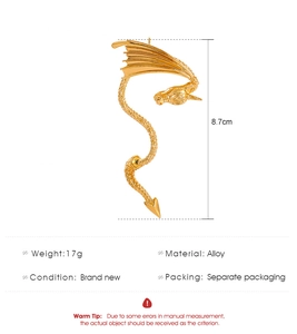 Detailed view of golden dragon ear cuff showing 8.7cm length and alloy scale texture