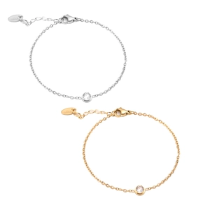 Minimalist gold and silver stainless steel bracelets with round bezel-set zircon stones