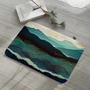 Detailed texture of flannel bath mat with modern blue mountain abstract art pattern