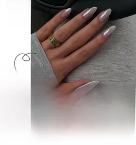 Detail of short almond press-on nails with white pearl mirror finish, item #JP3493