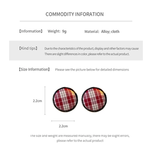 Detailed size chart and red plaid round earrings with alloy and cloth materials