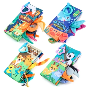 Set of 4 soft baby sensory books with 3D animal tails and colorful teething rings