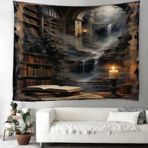 Detail of Halloween magic library tapestry with waterfall and candles on wall