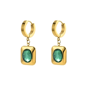 Vintage style gold earrings with square emerald green stones on white background