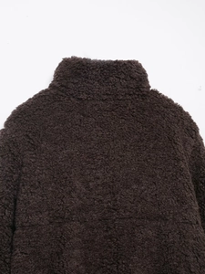 Detail of dark brown sherpa fleece jacket collar showing high-quality wool-like texture